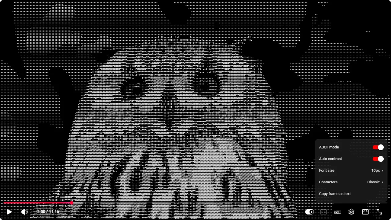 A YouTube video playing as ASCII art, with the ASCII Player menu open in the player